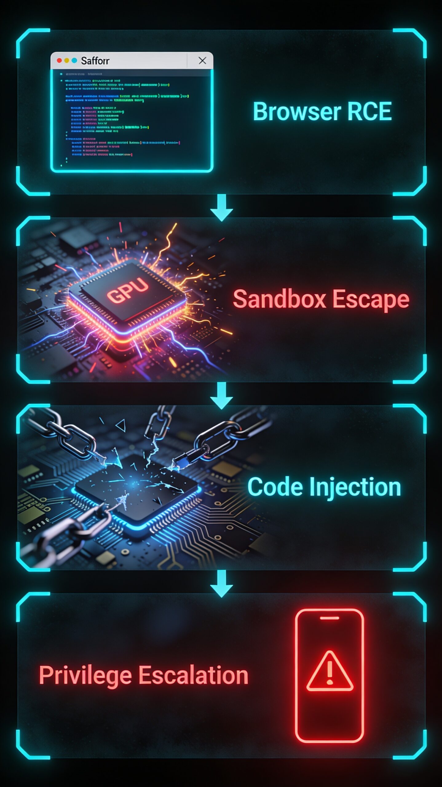 DarkSword exploit chain: Browser RCE → GPU Sandbox Escape → dyld Code Injection → Kernel Privilege Escalation